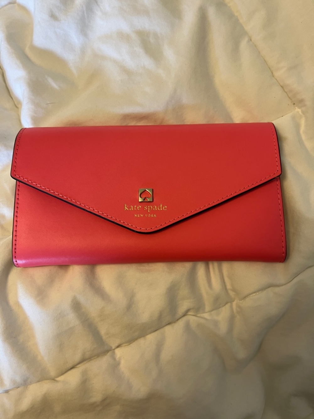 kate spade Coral Pink Envelope Wallet Clutch with Gold Logo NWT